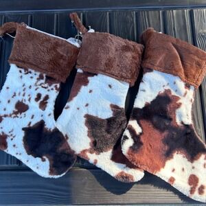 Cow Print Christmas Stockings Furry Plush Western Holiday Decor‎ Cowgirl New
